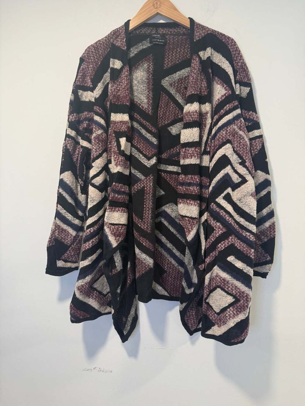 Lucky Brand Open Waterfall Cardigan Sweater Purple Black Abstract Size M/L